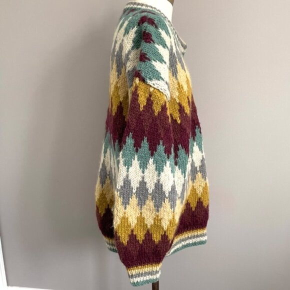 Handknit CHUNKY Colourful Diamond Wool Cardigan - L, made in Nepal 🇳🇵 - Picture 5 of 9